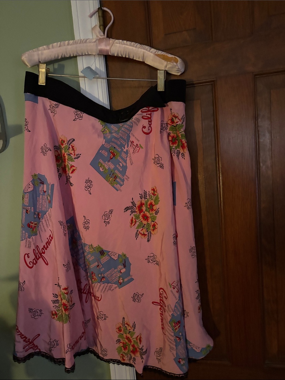 Pink Floral A-Line Skirt with Black Waistband